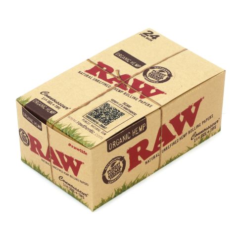 1 box - RAW CONNOISSEUR size 1 1/4 Unrefined ORGANIC Hemp Rolling papers + TIPS