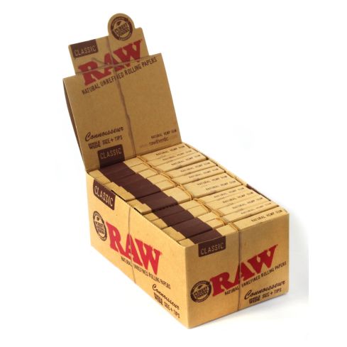 1 box - RAW Single Wide 68mm CONNOISSEUR Natural Rolling papers ORGANIC+ TIPS